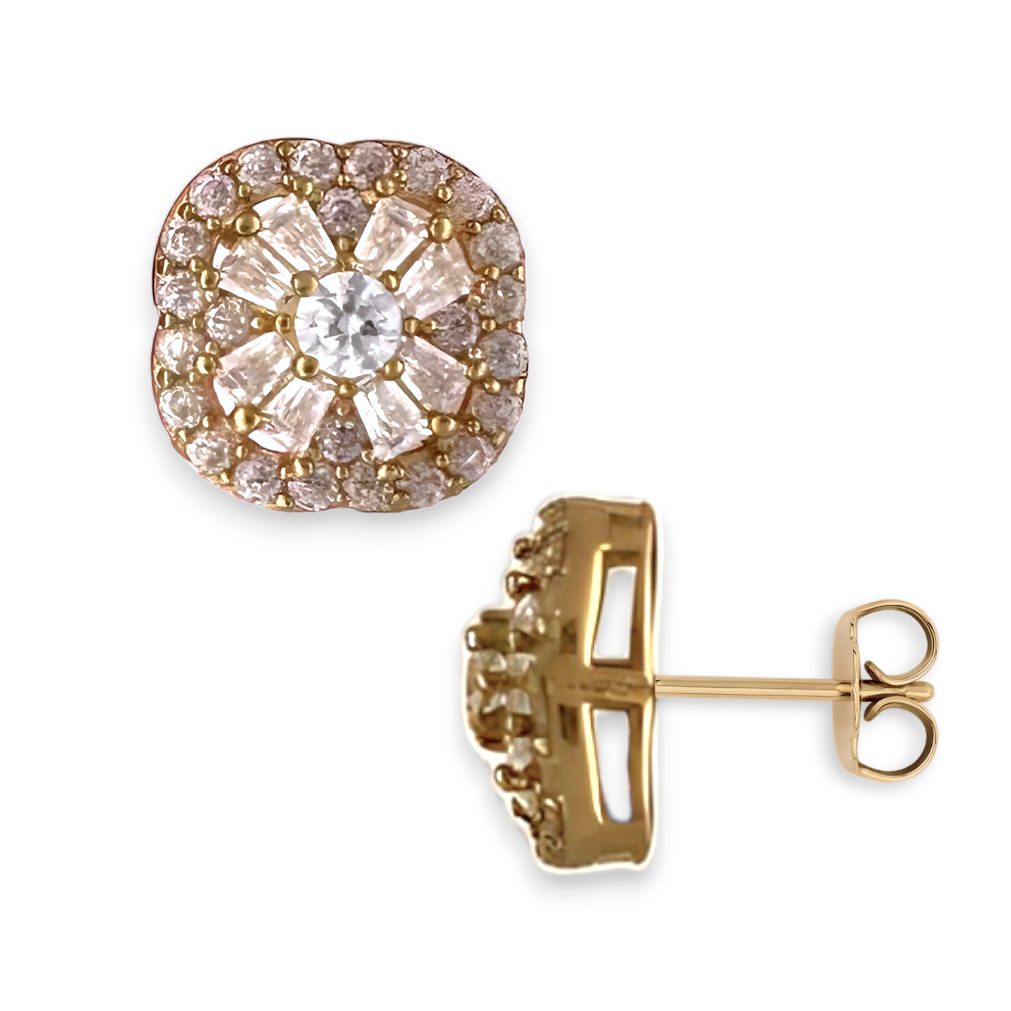 Yellow Gold CZ Round and Baguette Cut Mico-Pave Halo Stud Earrings - 10k Yellow Gold