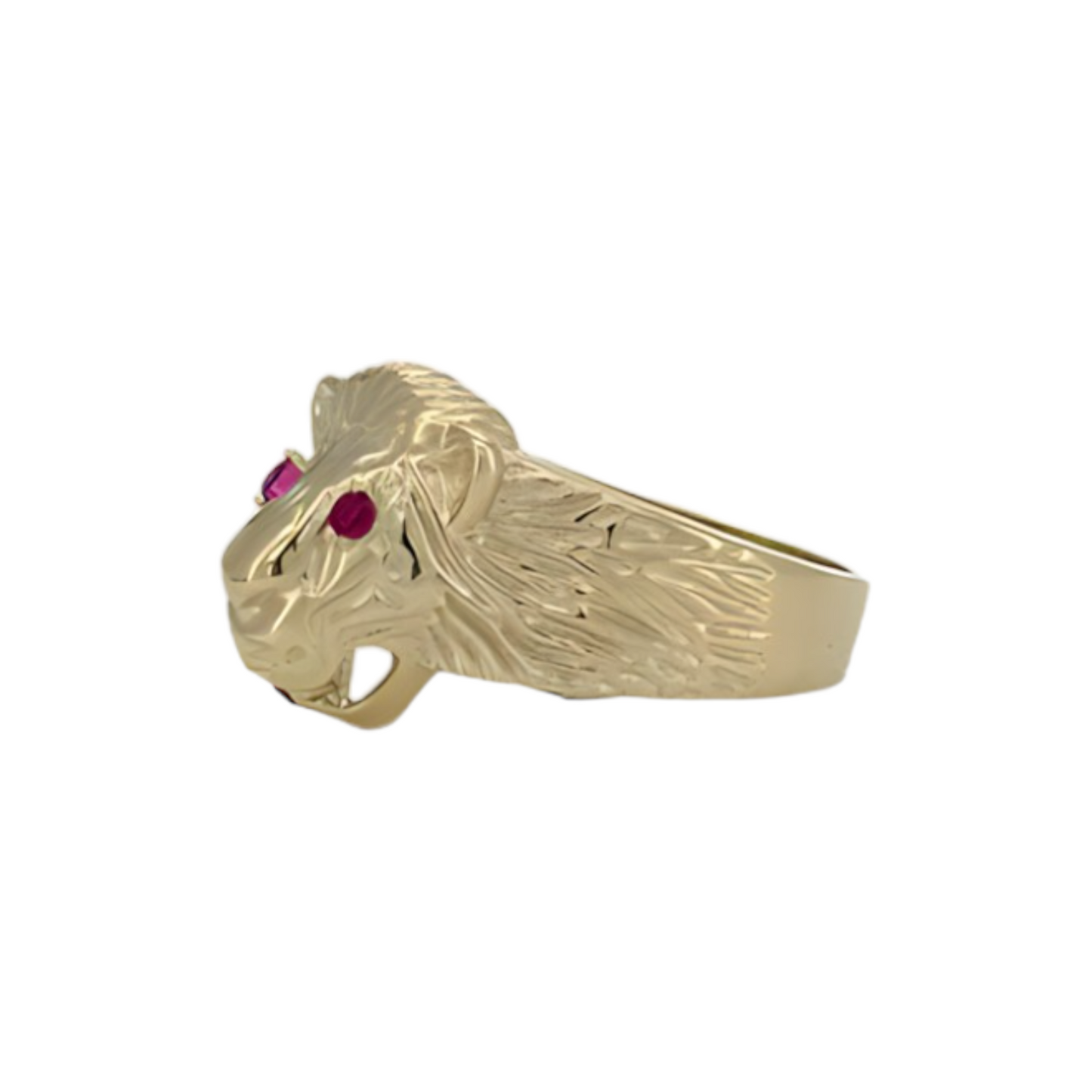 Textured Tiger Head Ruby Eyes CZ Yellow Gold Ring - 10K Yellow Gold