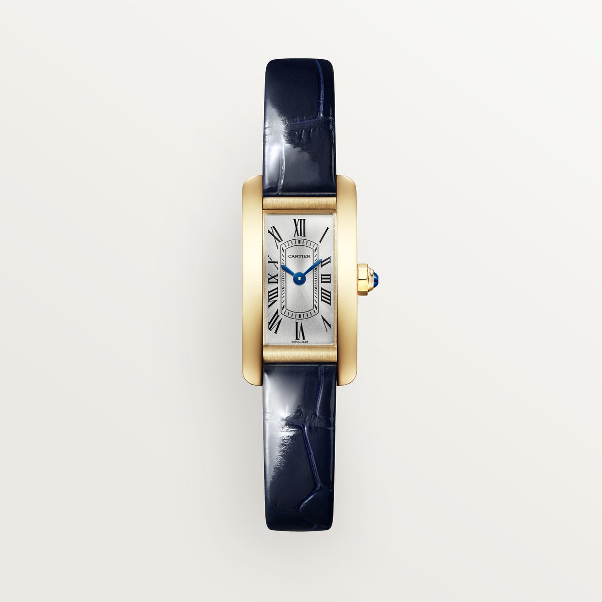 Cartier Tank Américaine WGTA0353 - Mini model 18K yellow gold, Satin-brushed silvered with sunray effect Dial, Shiny navy blue alligator leather strap