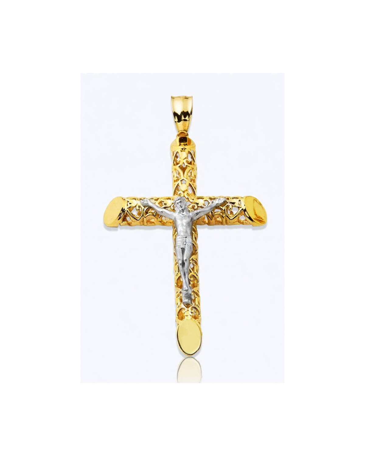 Crucifix Filigree Two-Tone Rounded End Pendant - 10K Gold