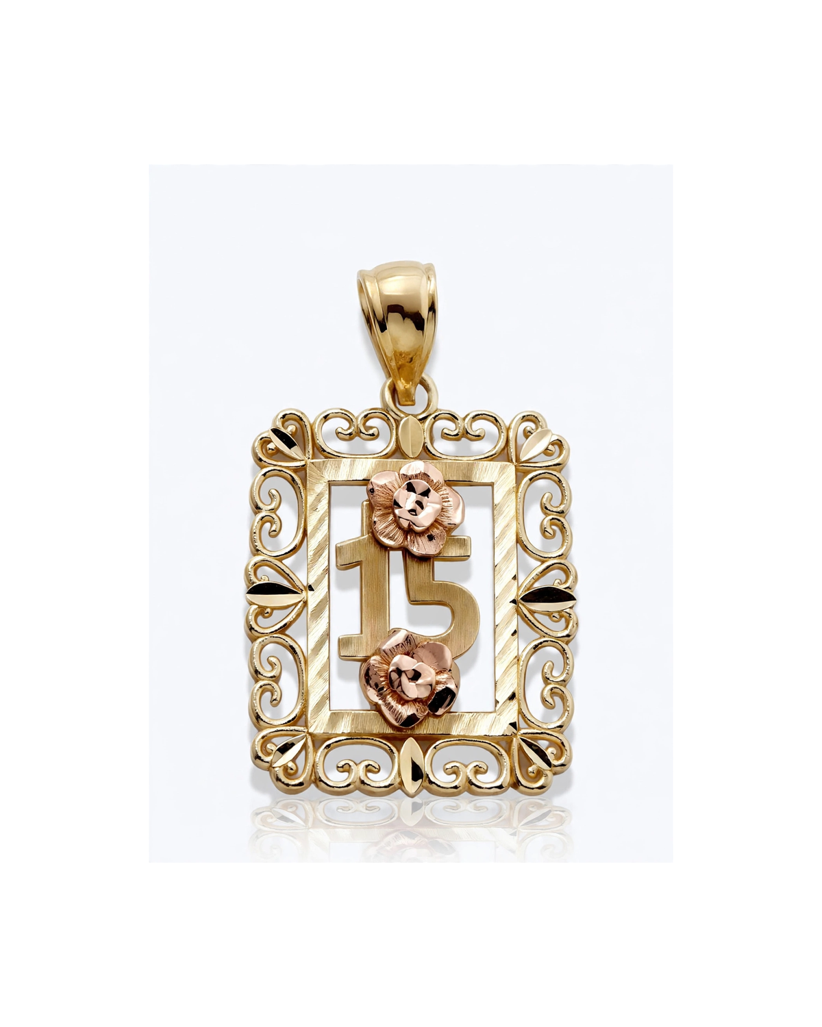 15 Pendant Rectangular Frame with Rose - 10K Gold