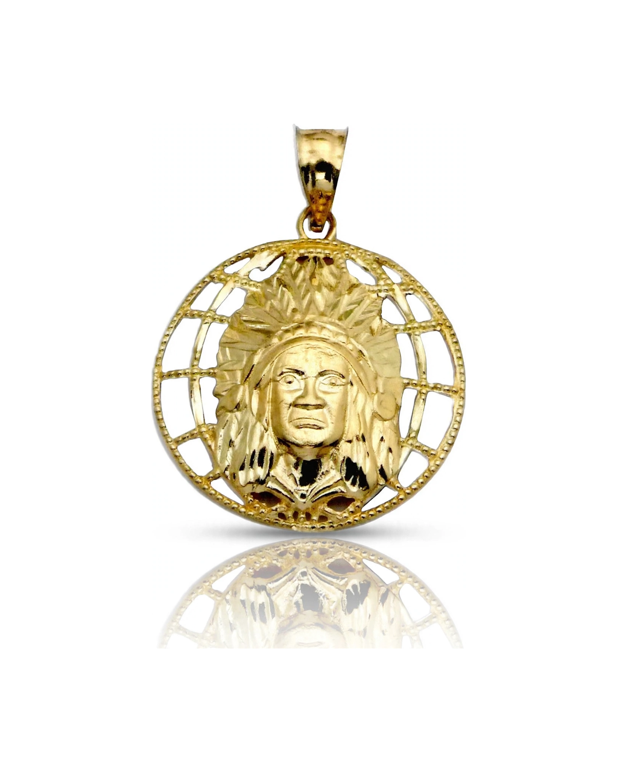Indian Chief Pendant Globe Grid - 10K Yellow Gold