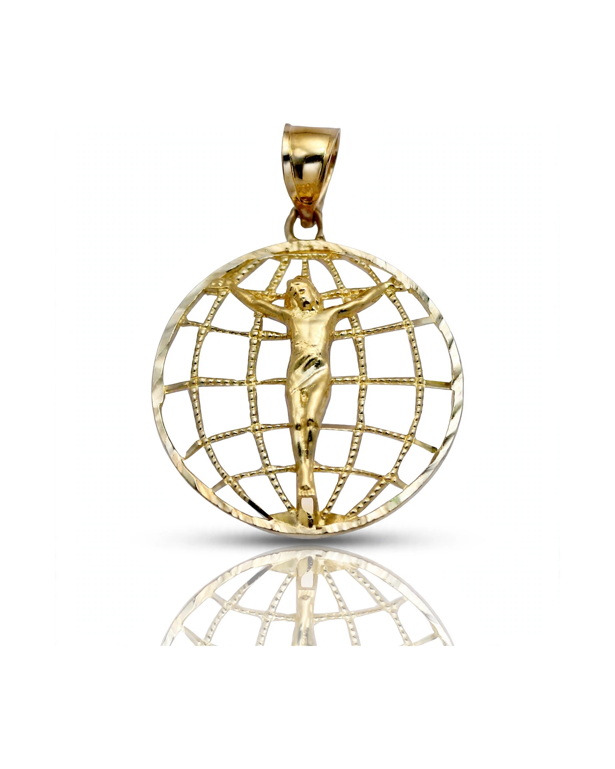 Crucifix Pendant Globe Grid - 10K Yellow Gold