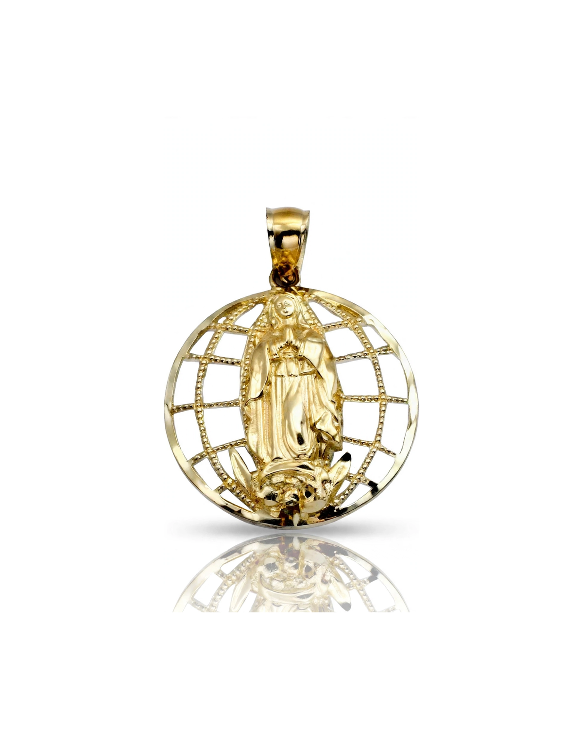 Virgin Mary Guadalupe Pendant Globe Grid - 10K Yellow Gold