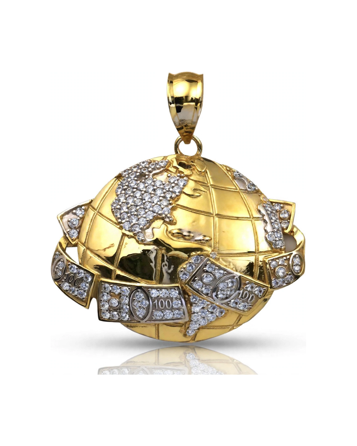 World Globe Pendant with CZ Continents and Money Band - 10K Gold