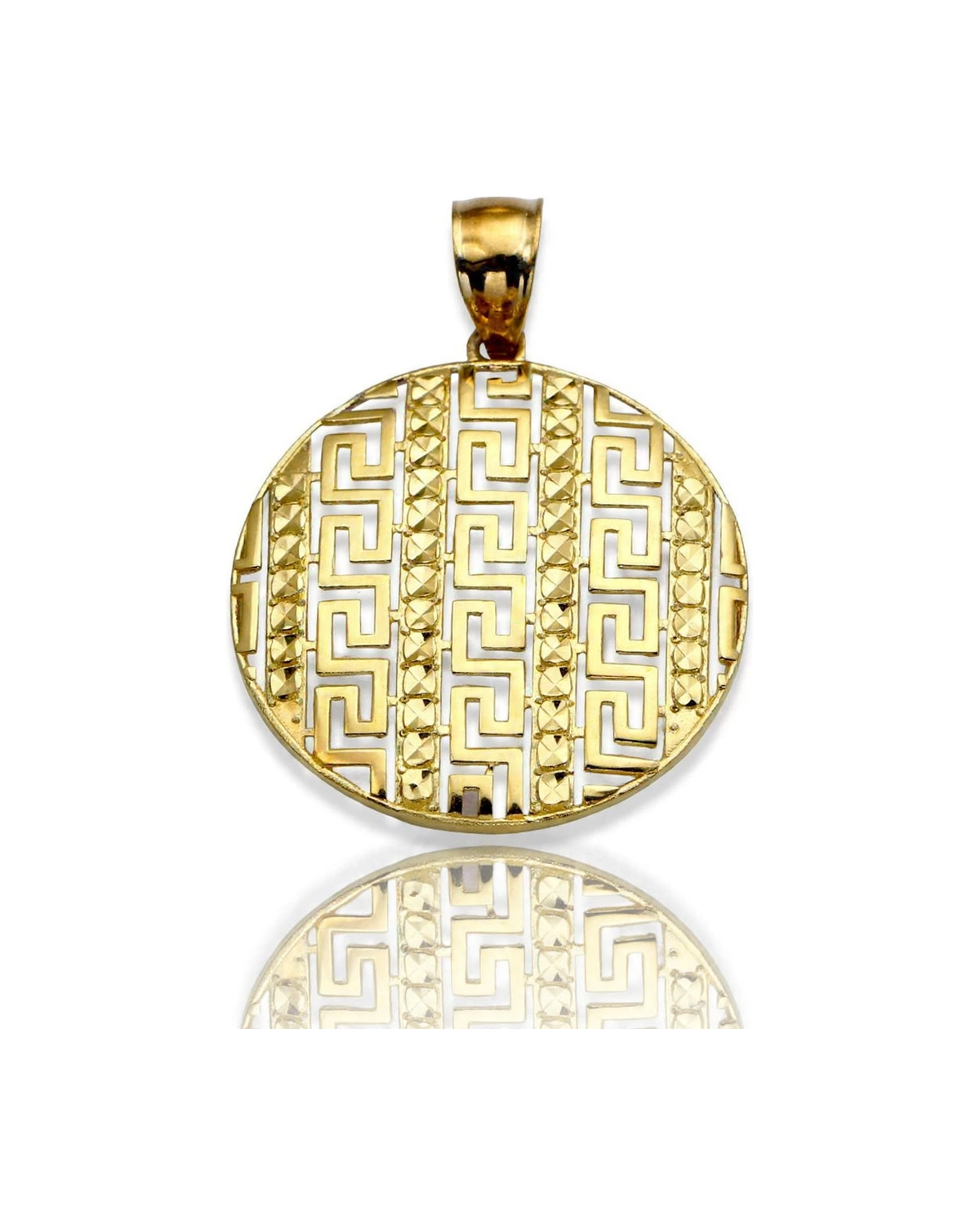 Disc Pendant with Greek Key Pattern - 10K Yellow Gold