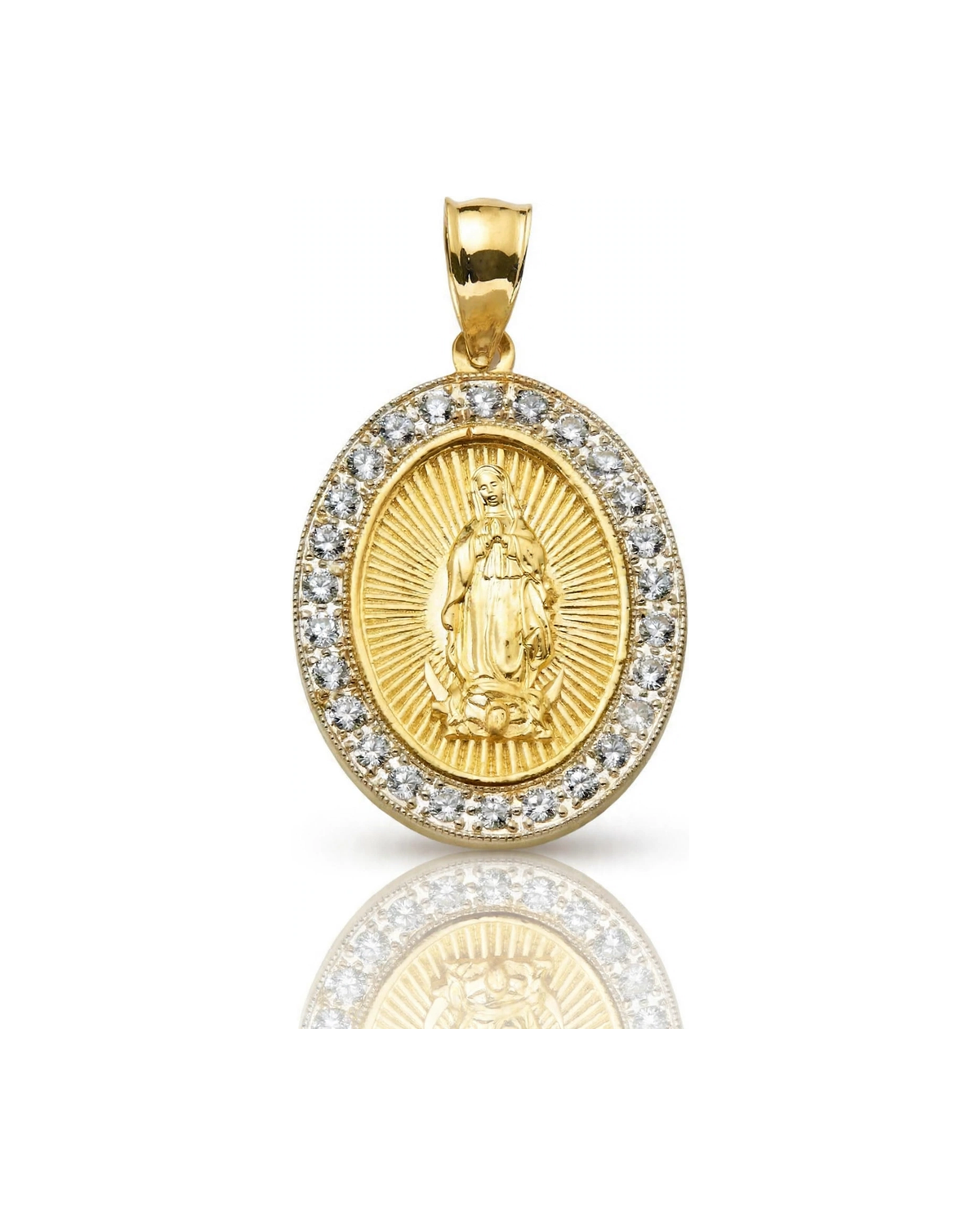 Virgin Mary Guadalupe Oval Pendant with CZ Halo - 10K Gold