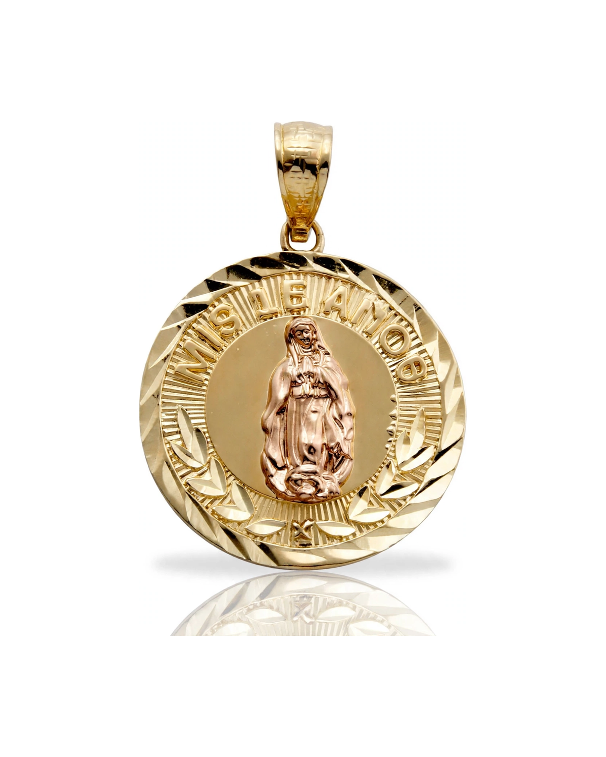 Virgin Mary Guadalupe Pendant Mis 15 Anos Coin - 10K Yellow Gold