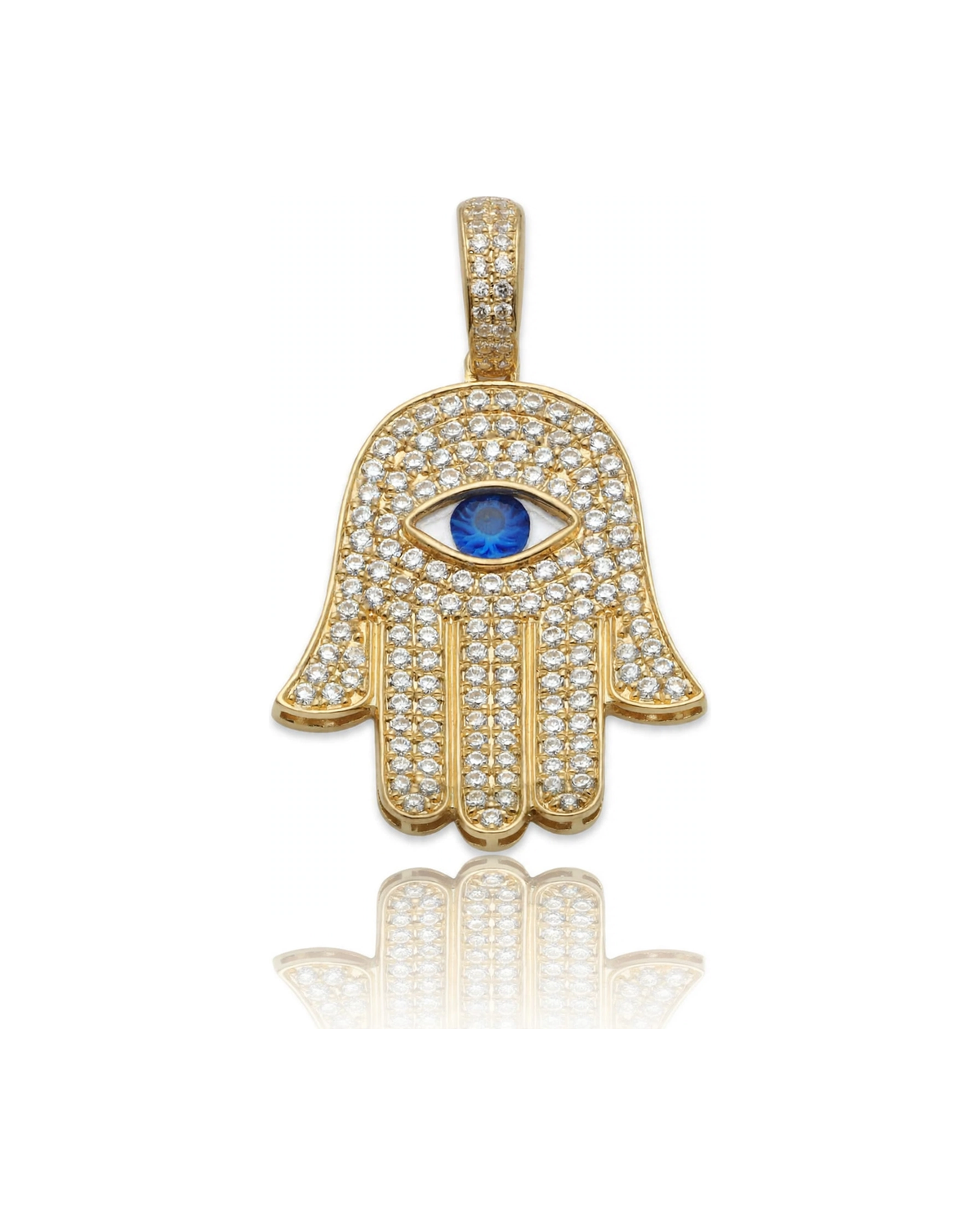 Hamsa Hand Pendant with Blue Eye and CZ - 10K Gold