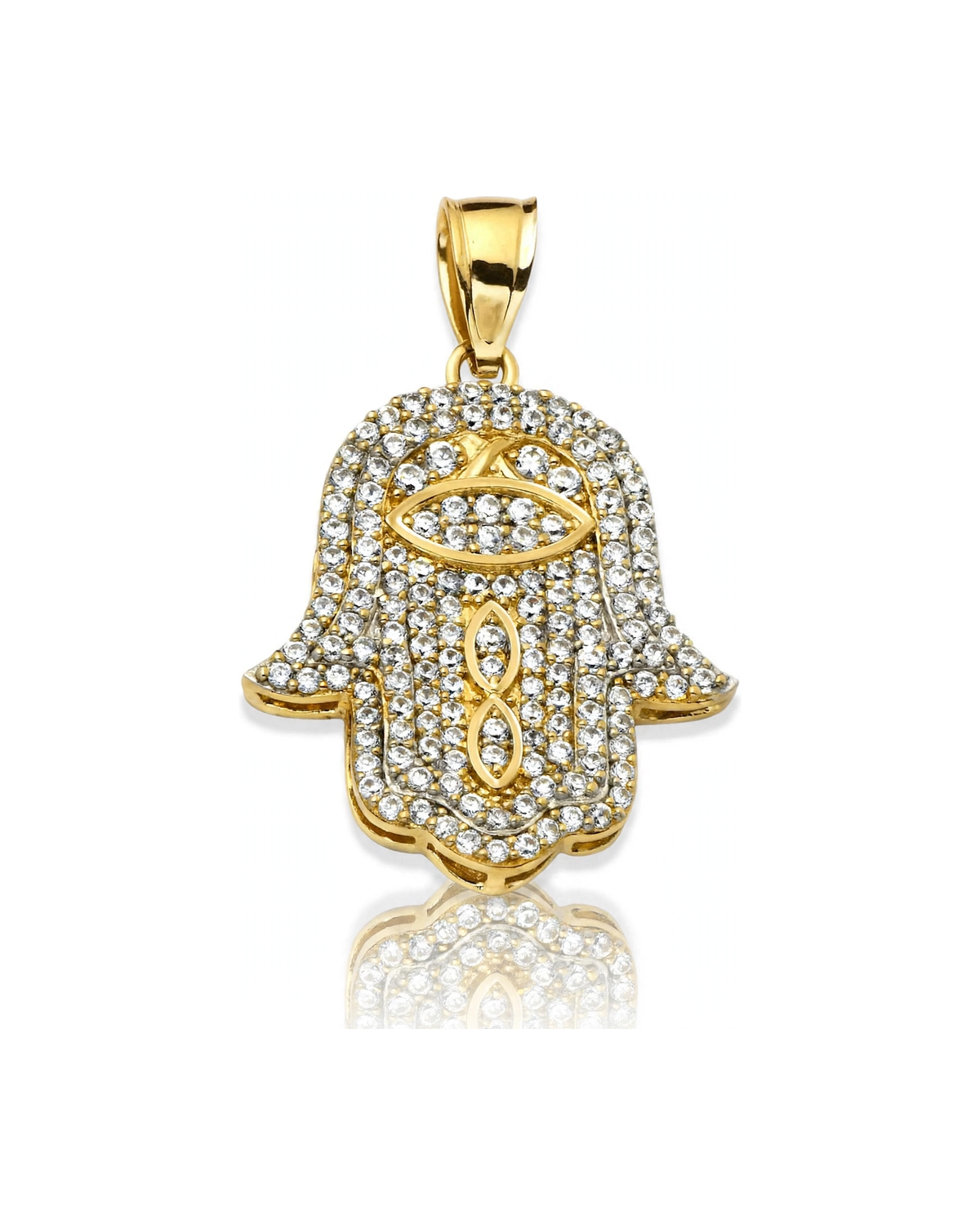 Hamsa Hand CZ-Studded Evil Eye Pendant - 10K Yellow Gold