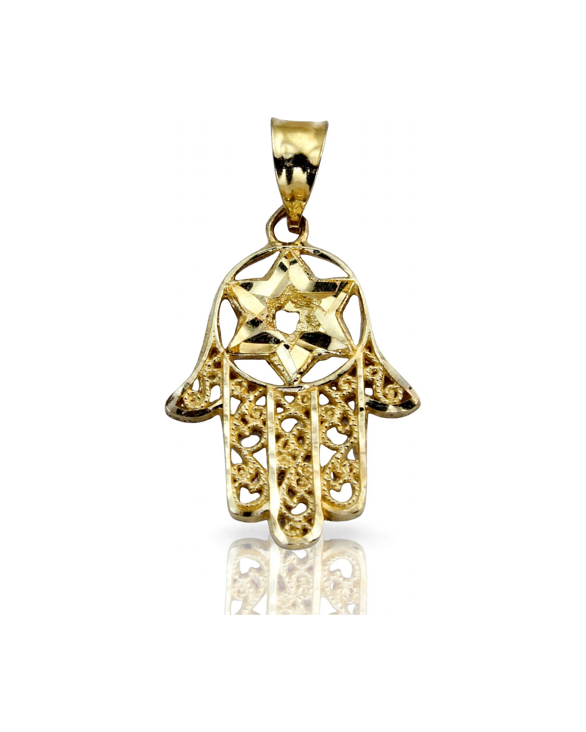 Hamsa Hand Pendant with Star of David - 10K Yellow Gold