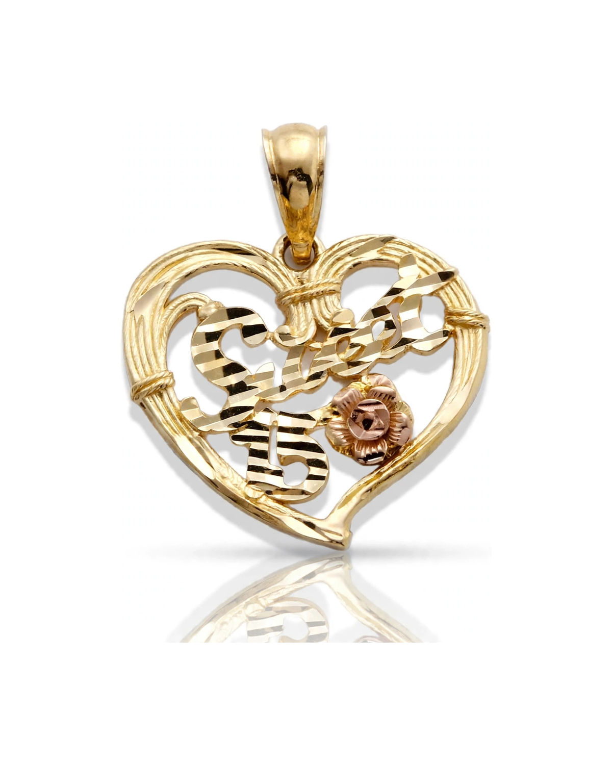 15 Pendant Heart Openwork with Rose - 10K Gold