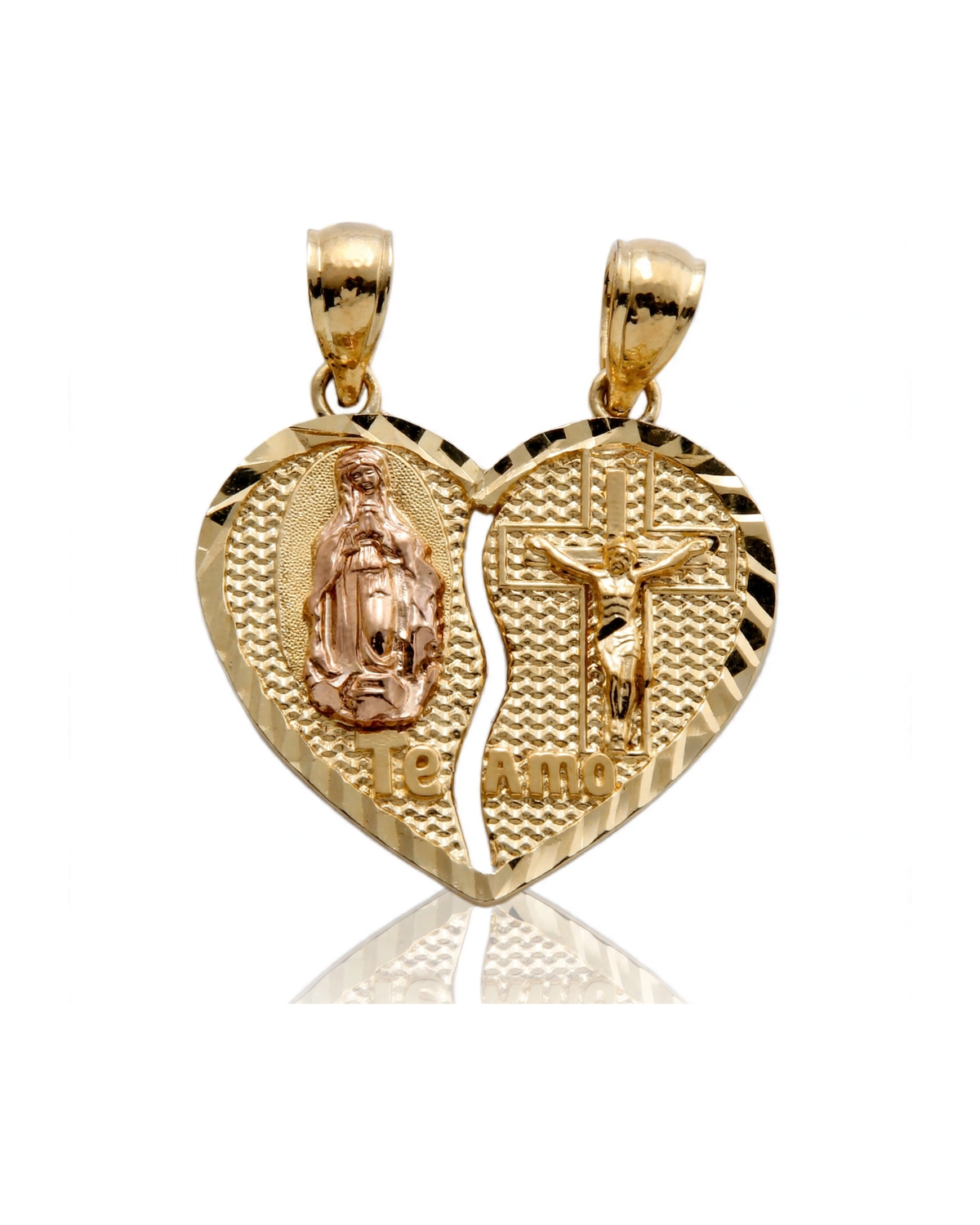 Heart Pendant Split Guadalupe and Crucifix Two-Tone - 10K Gold