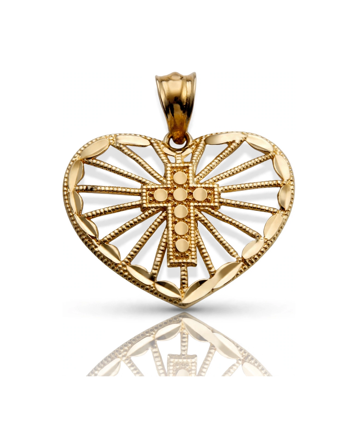 Heart Pendant Sunray with Cross Center - 10K Yellow Gold