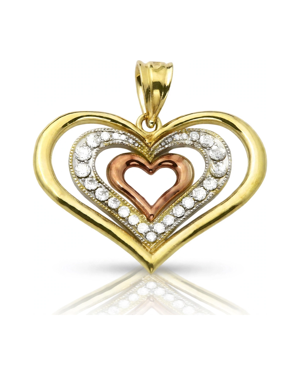 Triple Heart Pendant Tri-Tone with CZ - 10K Gold