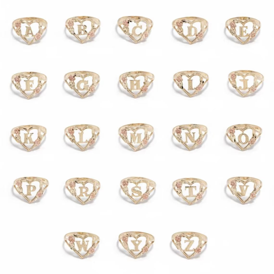 10k Solid Gold Heart with Rose Initial Ring, Personalized Alphabet Letter Ring, Love Valentine Gift Jewelry for Women & Girls