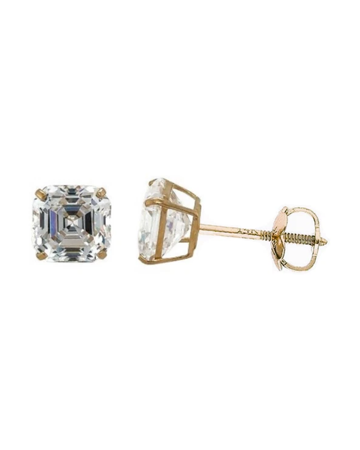 14K Yellow Gold Asscher Cut CZ Stud Earrings with Screw Back - 5mm to 10mm