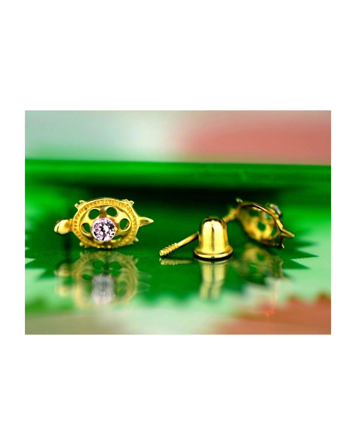 14K Yellow Gold Turtle CZ Stud Earrings with Screw Back