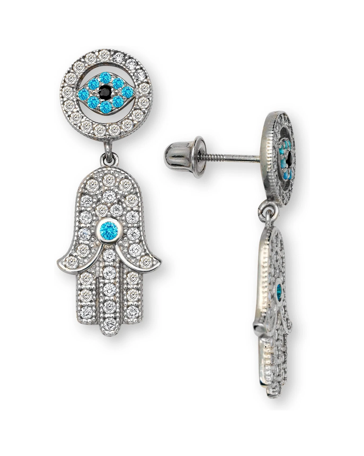 14K Yellow and White Gold Evil Eye Hamsa Dangle Earrings with Screw Back