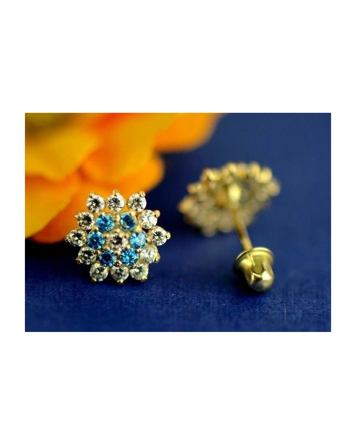 14K Yellow Gold Flower CZ Stud Earrings with Screw Back