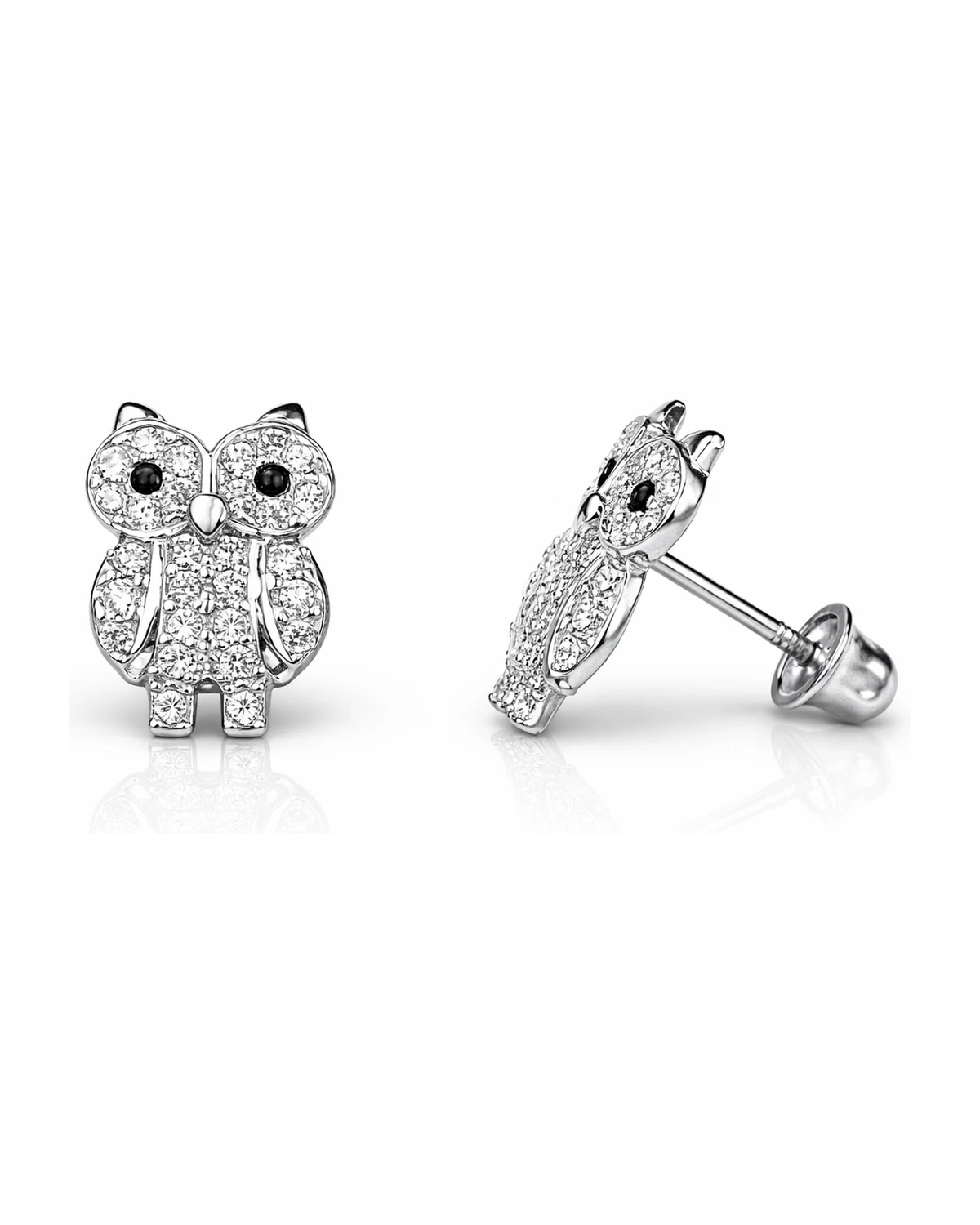 14K Yellow and White Gold Owl CZ Stud Earrings with Screw Back