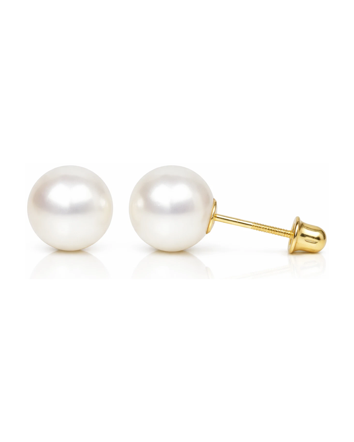 14K Yellow Gold Genuine White Pearl Stud Earrings with Screw Back - 3mm to 8.5mm