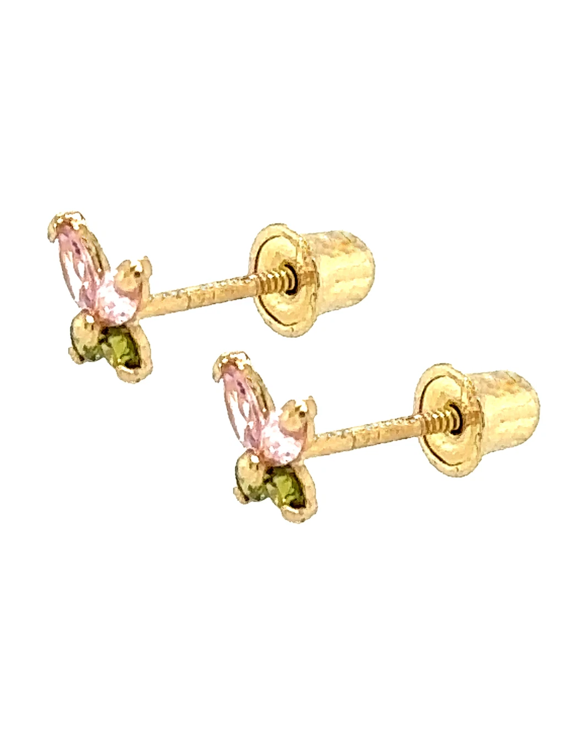 14K Yellow and White Gold Tiny Butterfly CZ Stud Earrings with Screw Back