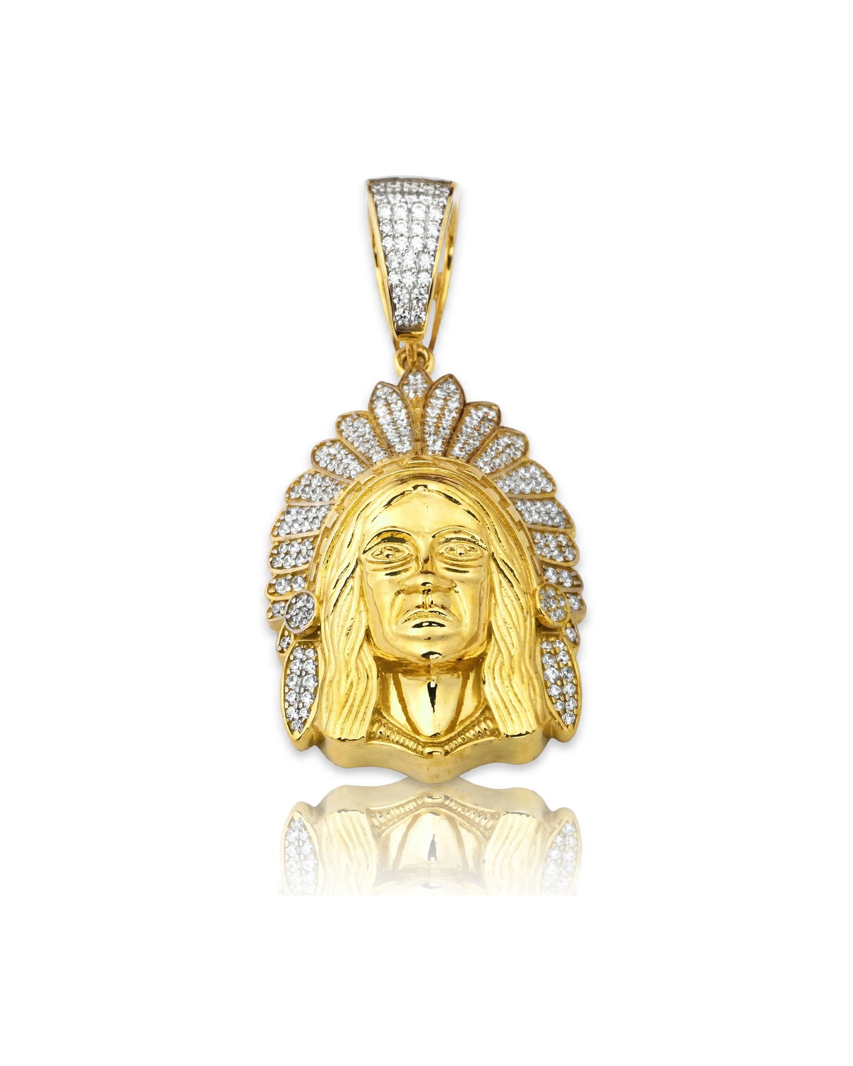Large Indian Chief Head Pendant with CZ-Paved Headdress and CZ Bail - 10K Yellow Gold