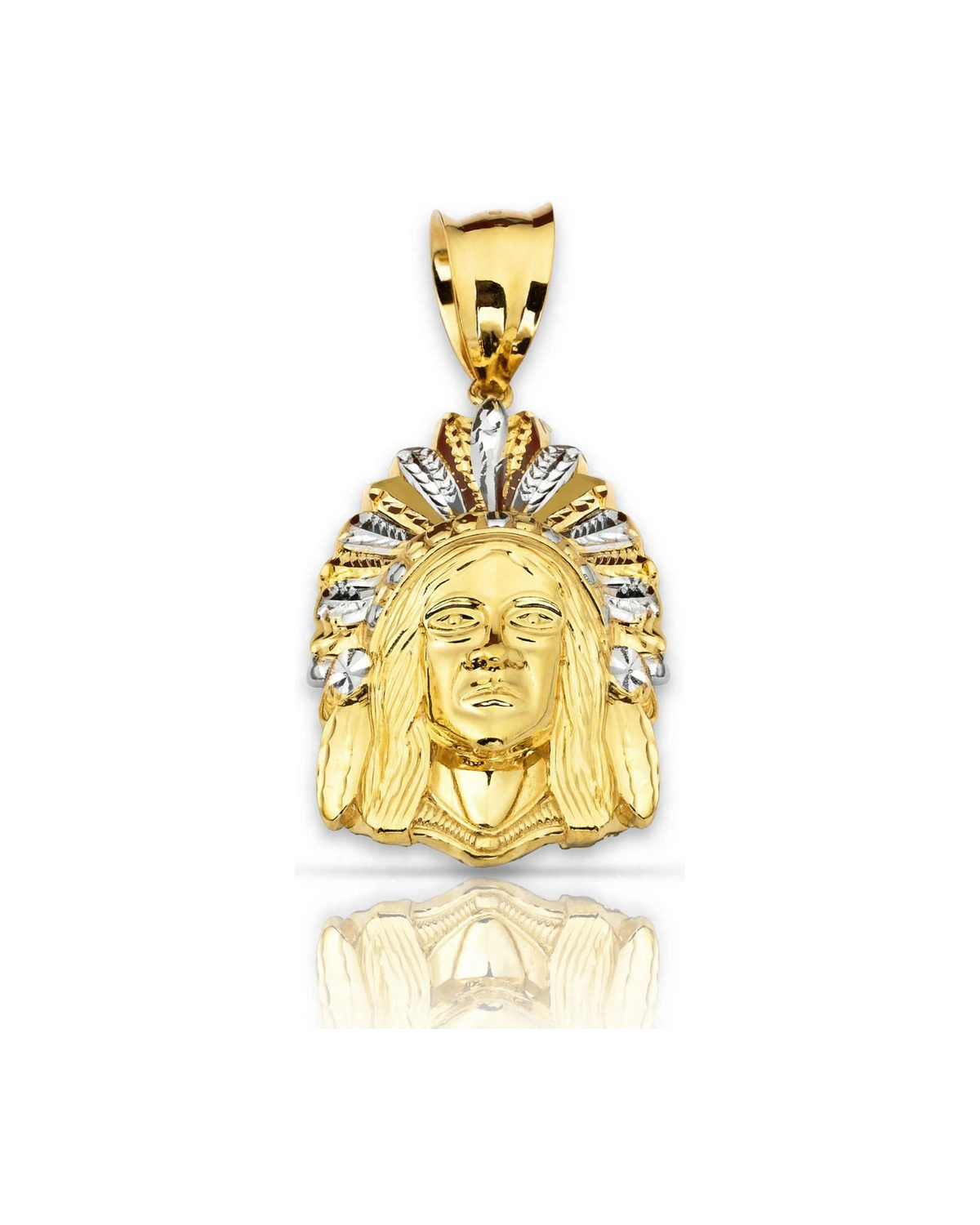 Indian Chief Head Pendant with Two-Tone Feather Headdress - 10K Yellow Gold