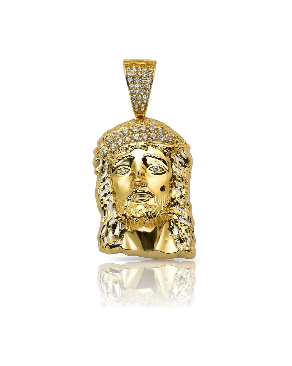 Jesus Face Pendant with CZ Crown Band and Textured Hair - 10K Yellow Gold