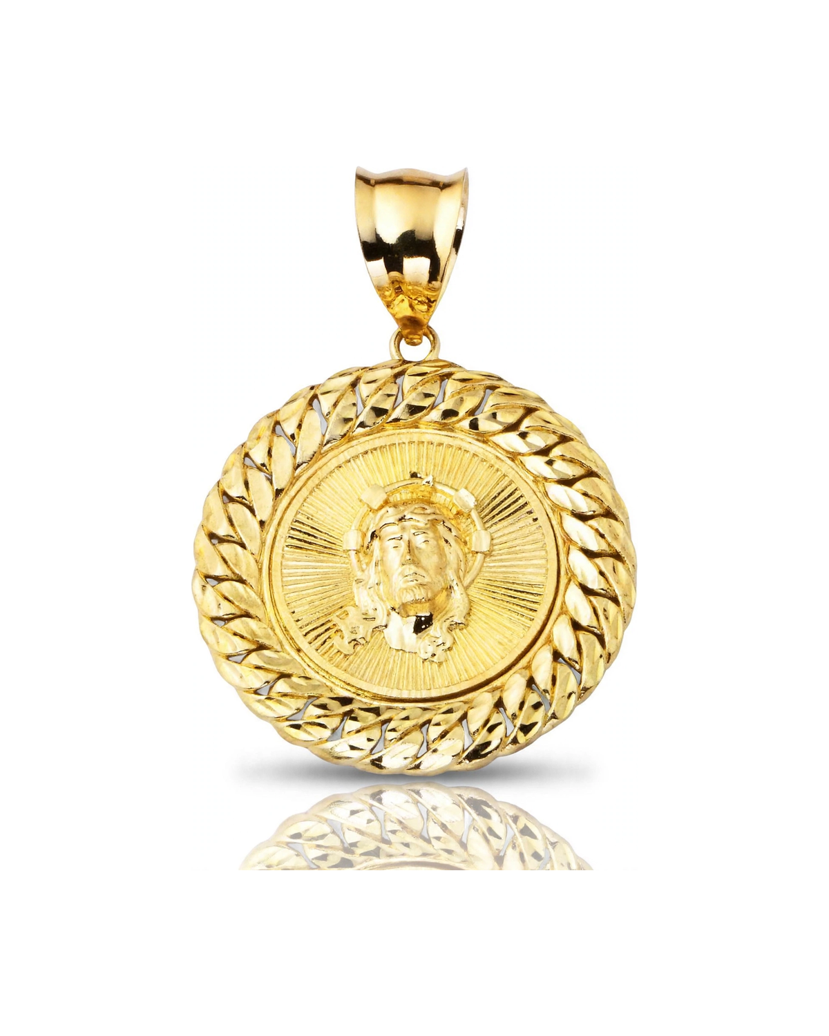 Jesus Face Cuban Frame Sunburst Pendant - 10K Yellow Gold