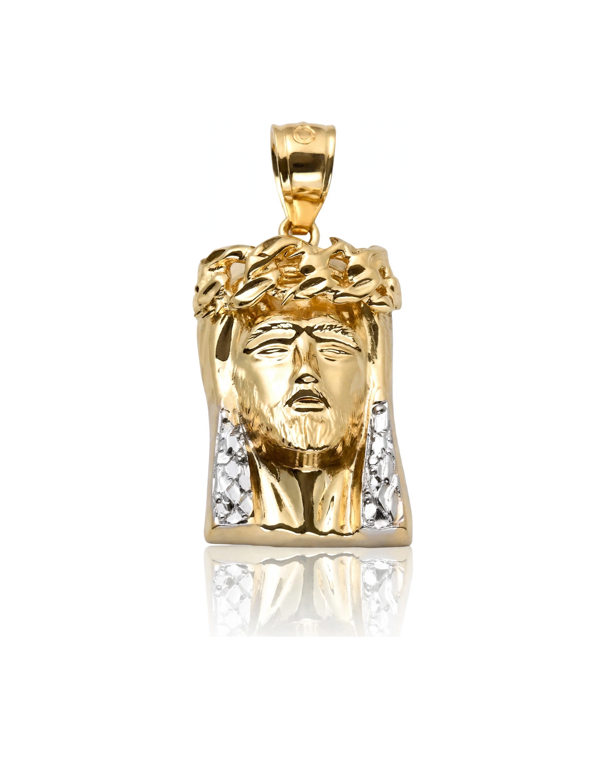 Jesus Head Pendant with Crown of Thorns and White Gold Accents - 10K Yellow Gold
