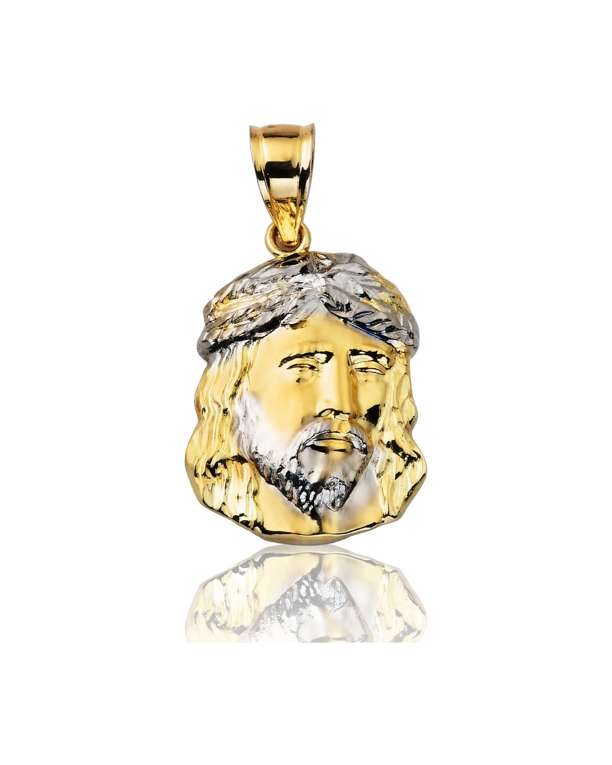 Jesus Head Pendant with Leaf-Textured White Crown - 10K Gold