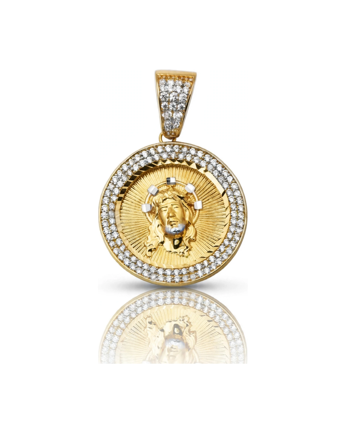 Jesus Medallion Pendant with CZ Crown Accents - 10K Gold