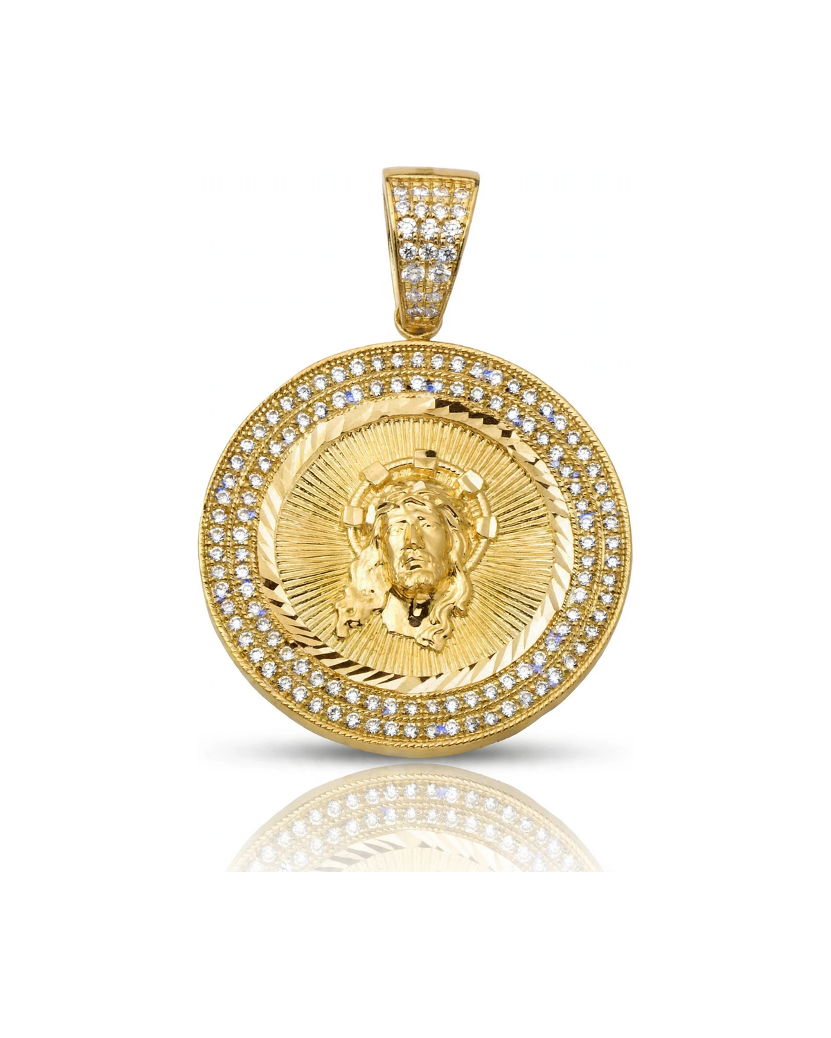 Jesus Medallion Pendant with Sunburst Rays and CZ Halo - 10K Gold
