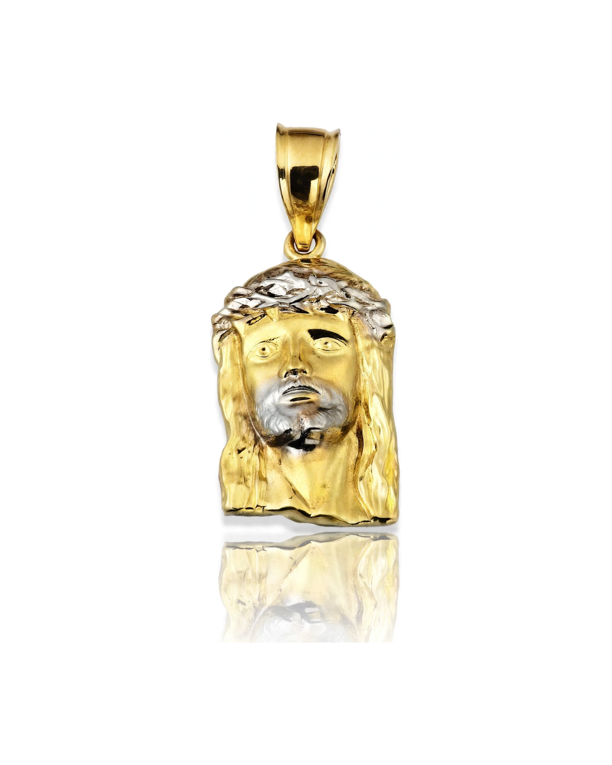 Jesus Head Pendant with Narrow Shape and White Crown - 10K Gold