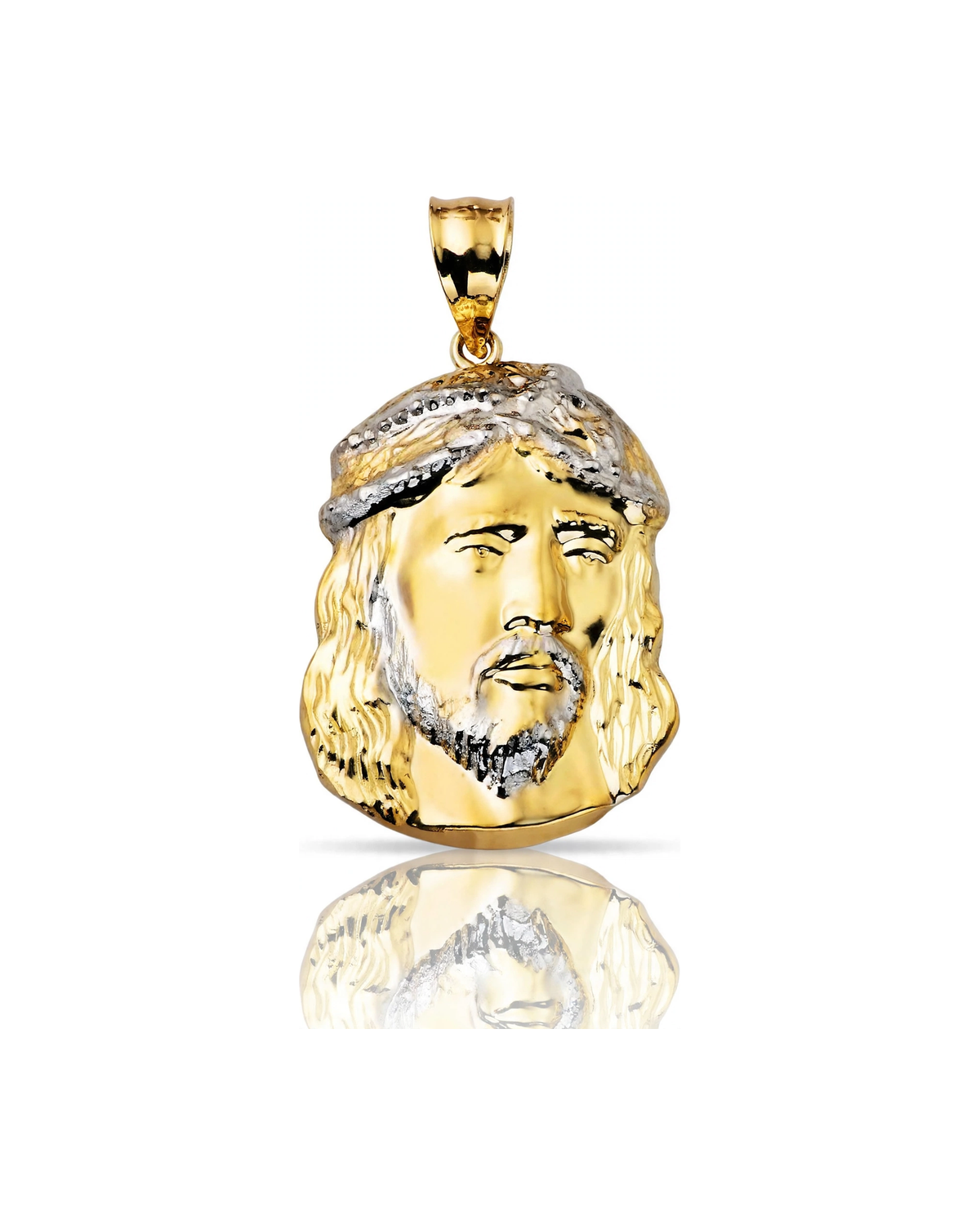 Jesus Face Pendant with Oval Shape and White Crown - 10K Gold