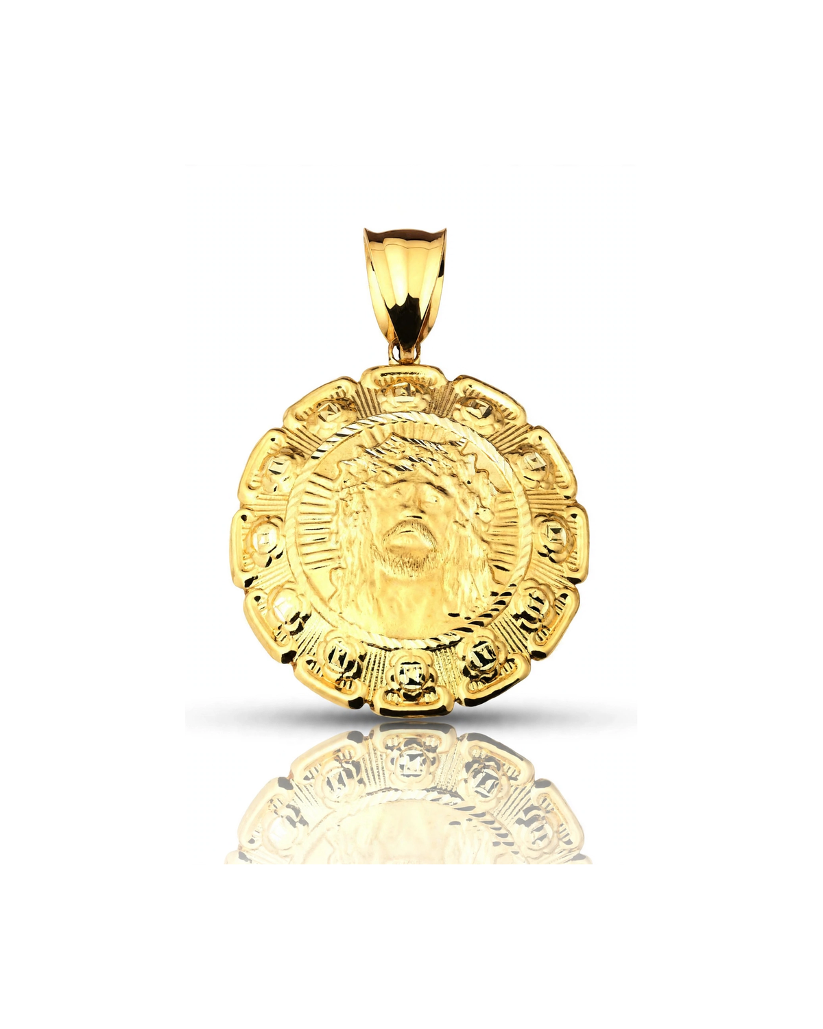 Jesus Face Scalloped Medallion Pendant - 10K Yellow Gold