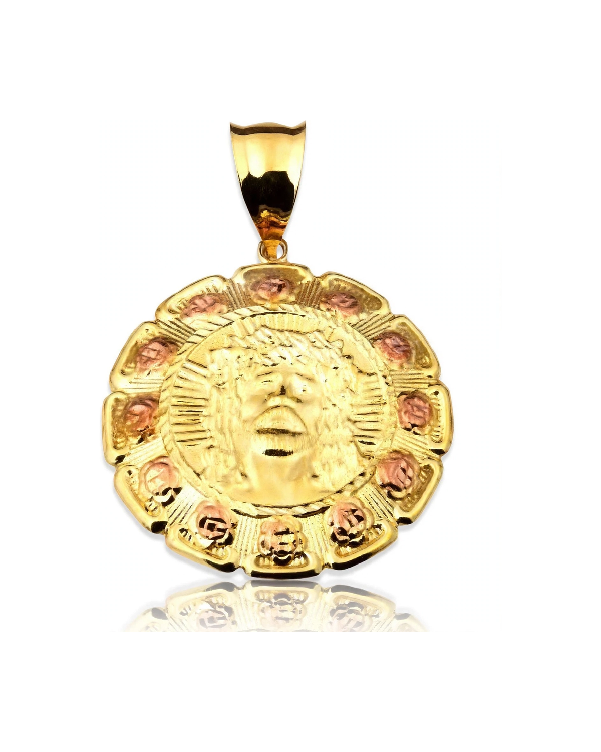 Jesus Face Scalloped Medallion Pendant with Rose Gold Nuggets - 10K Gold