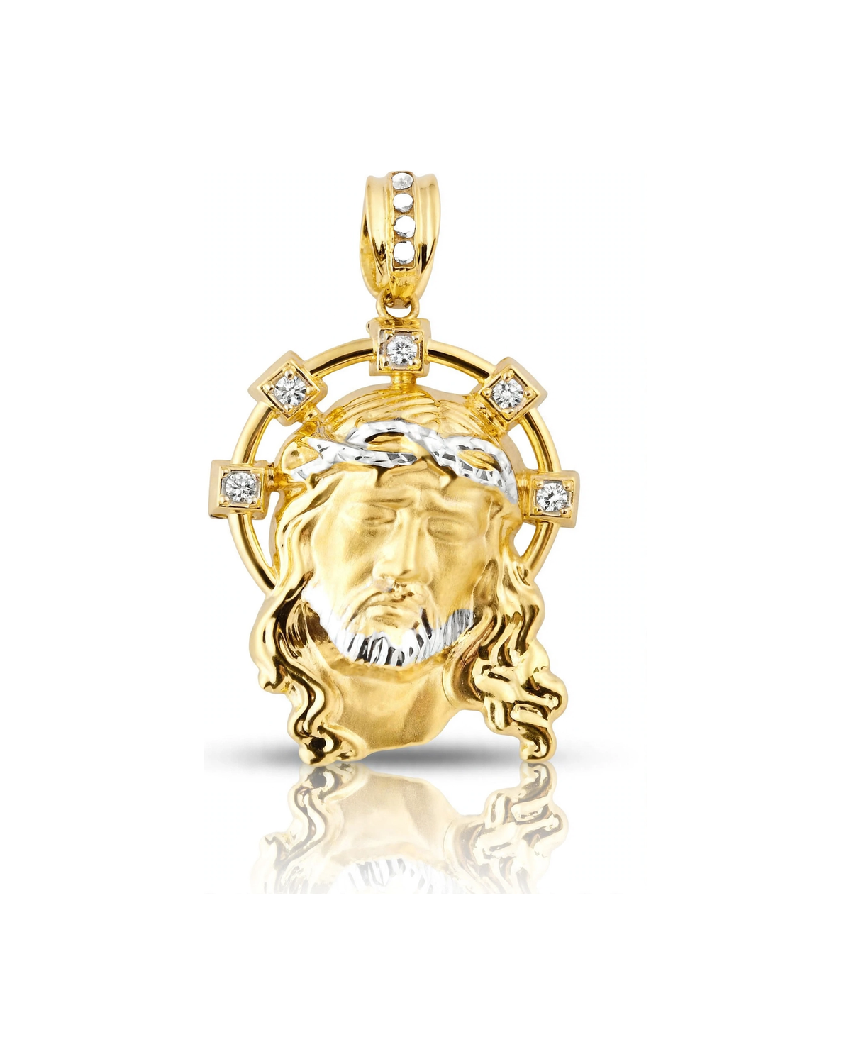 Jesus Face Pendant with Square CZ Halo Stations - 10K Gold