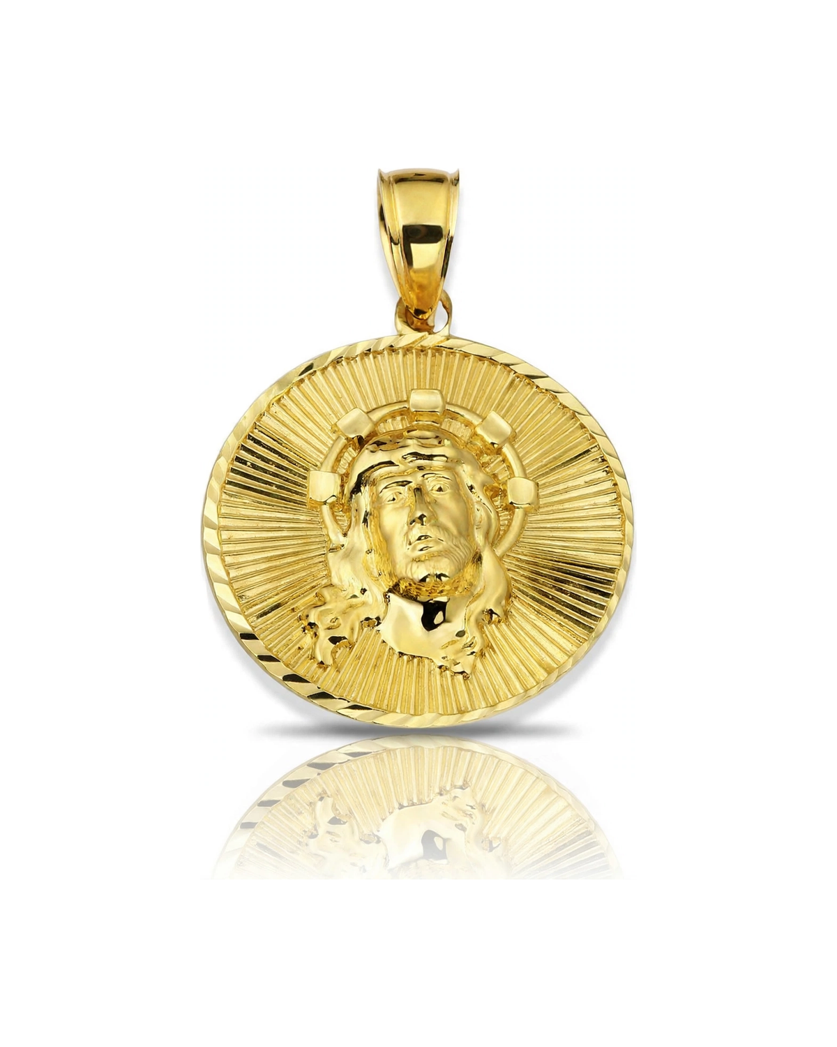 Jesus Face Sunburst Medallion Pendant Mini - 10K Yellow Gold