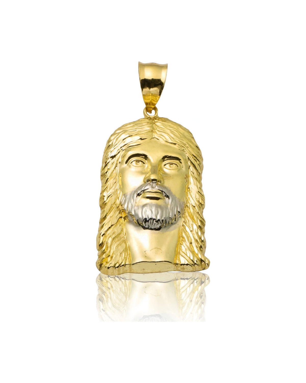 Jesus Head Pendant with White Beard and Straight Hair - 10K Gold