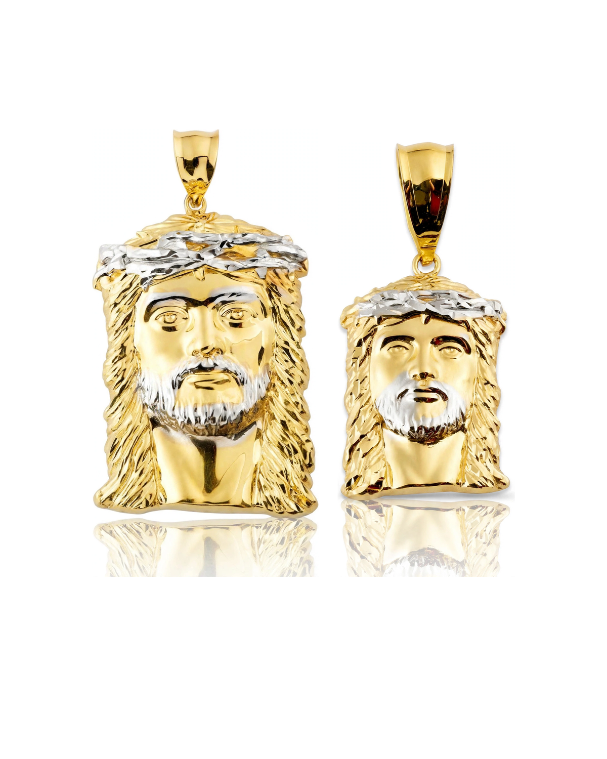 Jesus Head Pendant with White Thorn Crown and Beard - 10K Gold