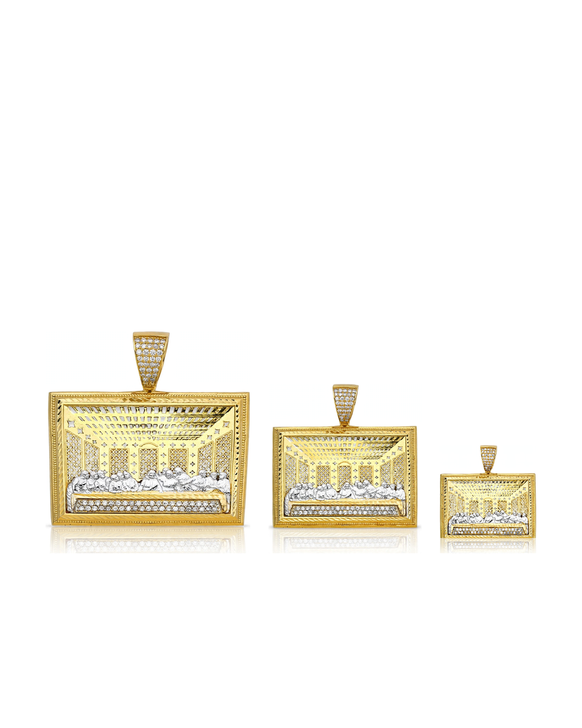 Last Supper Rectangular Pendant with CZ Row and Pavé Bail - 10K Gold