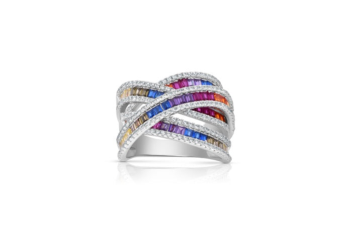 Rainbow Eternity Band Ring - 925 Sterling Silver - Rhodium Plated