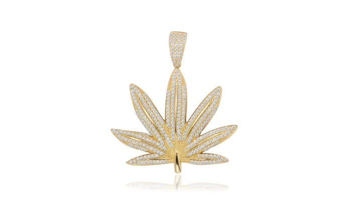 Cannabis Leaf CZ Charm Pendant - 925 Sterling Silver - Gold Plated