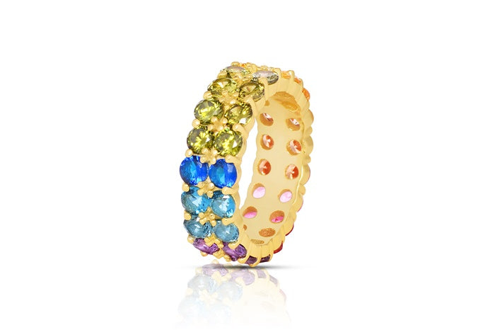 Rainbow Eternity Band Ring - 925 Sterling Silver - Gold Plated