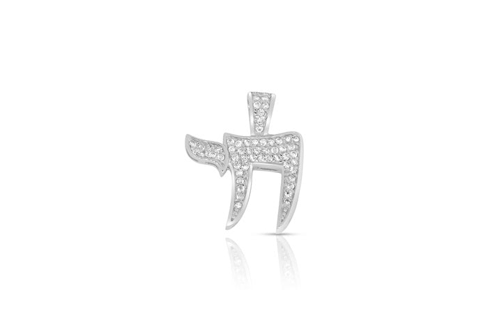 Chai CZ Charm Pendant - 925 Sterling Silver - Rhodium Plated