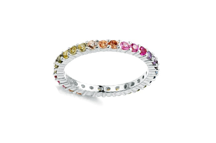 Rainbow Eternity Band Ring - 925 Sterling Silver - Rhodium Plated