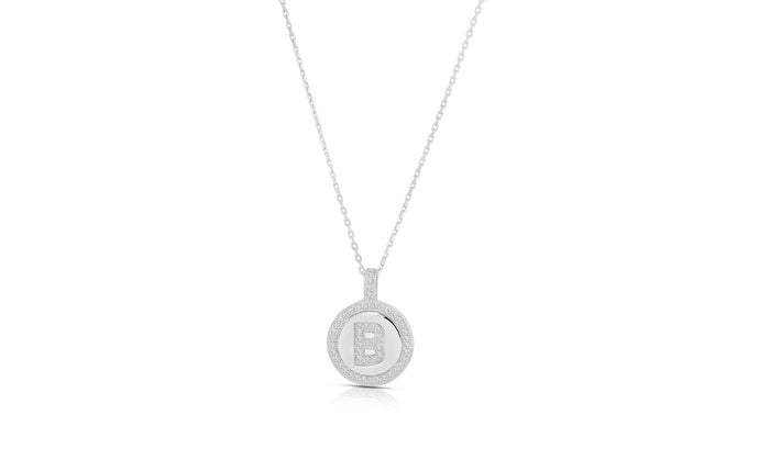 Cz Disc Initial Charm Pendant - 925 Sterling Silver - Rhodium Plated